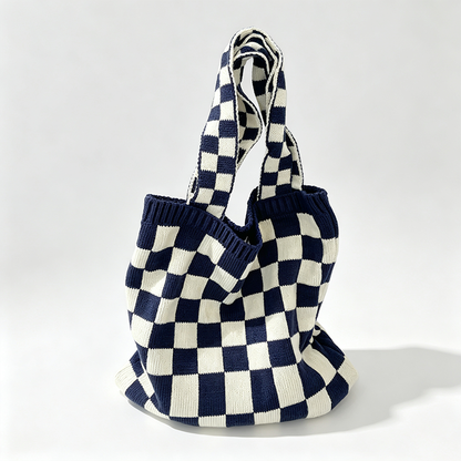 Checkered Knit Tote Shoulder Bag