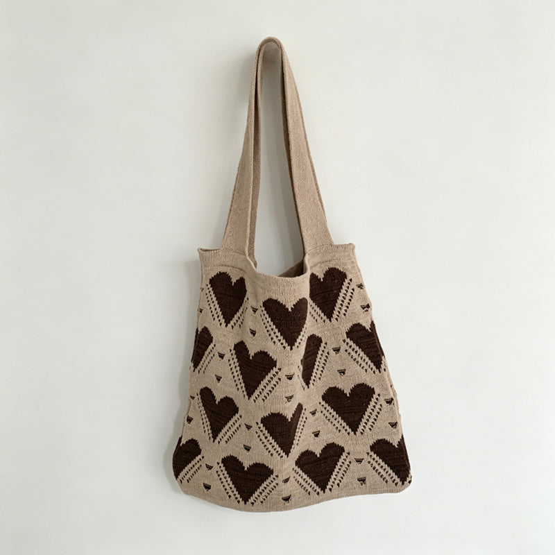 Heart Pattern Knit Tote Bag