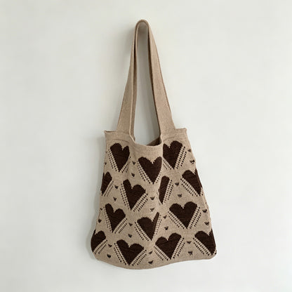 Heart Pattern Knit Tote Bag