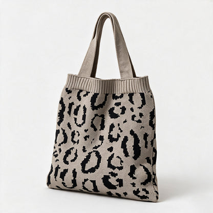 Leopard Print Knit Shoulder Tote Bag