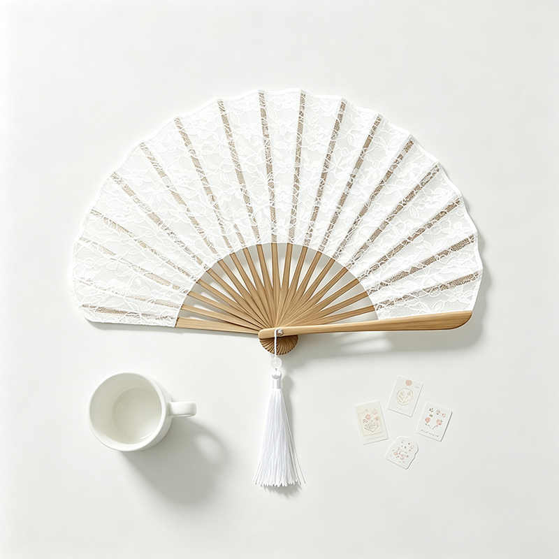 White Lace Shell Shape Bamboo Fan