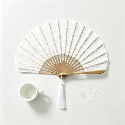 White Lace Shell Shape Bamboo Fan