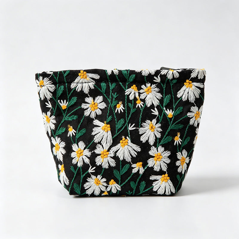 Daisy Floral Embroidery Cosmetic Pouch