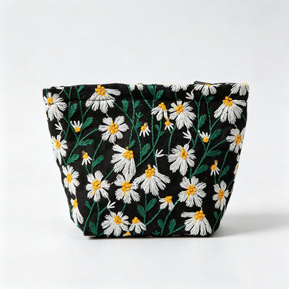 Daisy Floral Embroidery Cosmetic Pouch