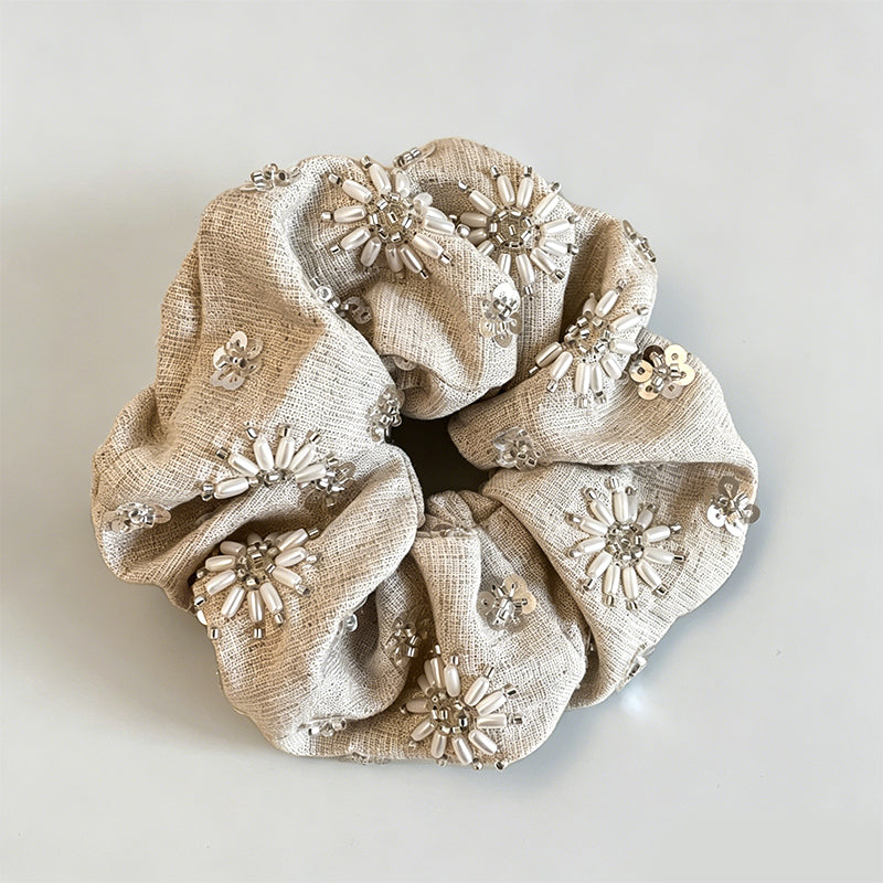 Natural Beaded Sequin Oversized Scrunchie