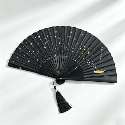 Gold Star Print Silk Folding Fan