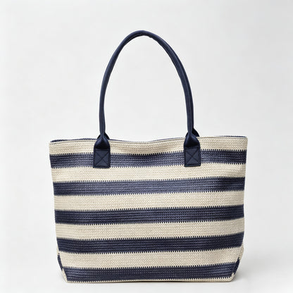 Striped Woven Straw Tote Bag