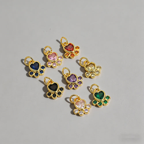 18K Gold Plated Cat Paw Heart Gemstone Charm Pendants