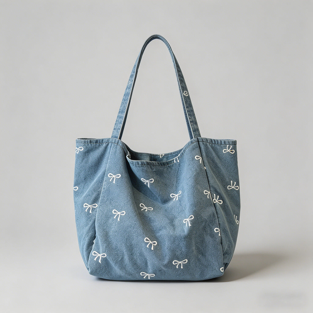 Denim Bow Print Tote Bag - Shopdayla Wholesale - #4562