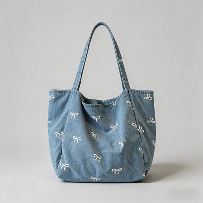 Denim Bow Print Tote Bag - Shopdayla Wholesale - #4562
