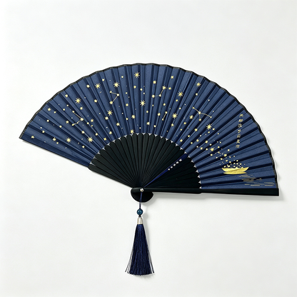Gold Star Print Silk Folding Fan
