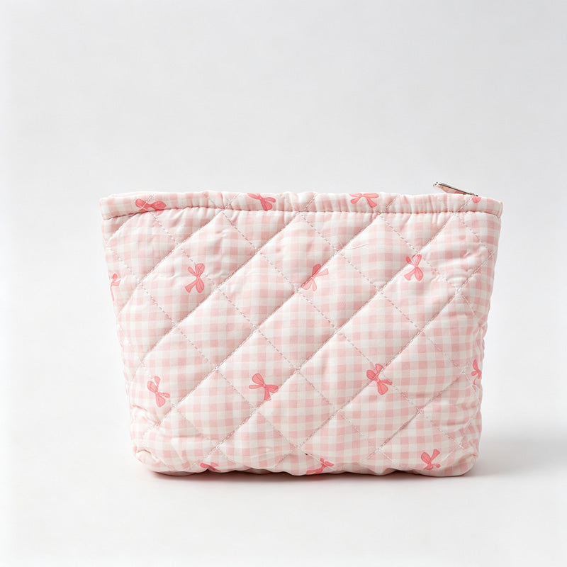Gingham Bow Print Quilted Zipper Pouch