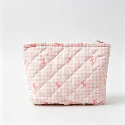 Gingham Bow Print Quilted Zipper Pouch