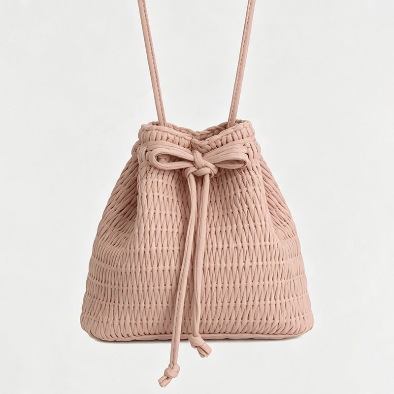 Drawstring Woven Mini Bucket Bag