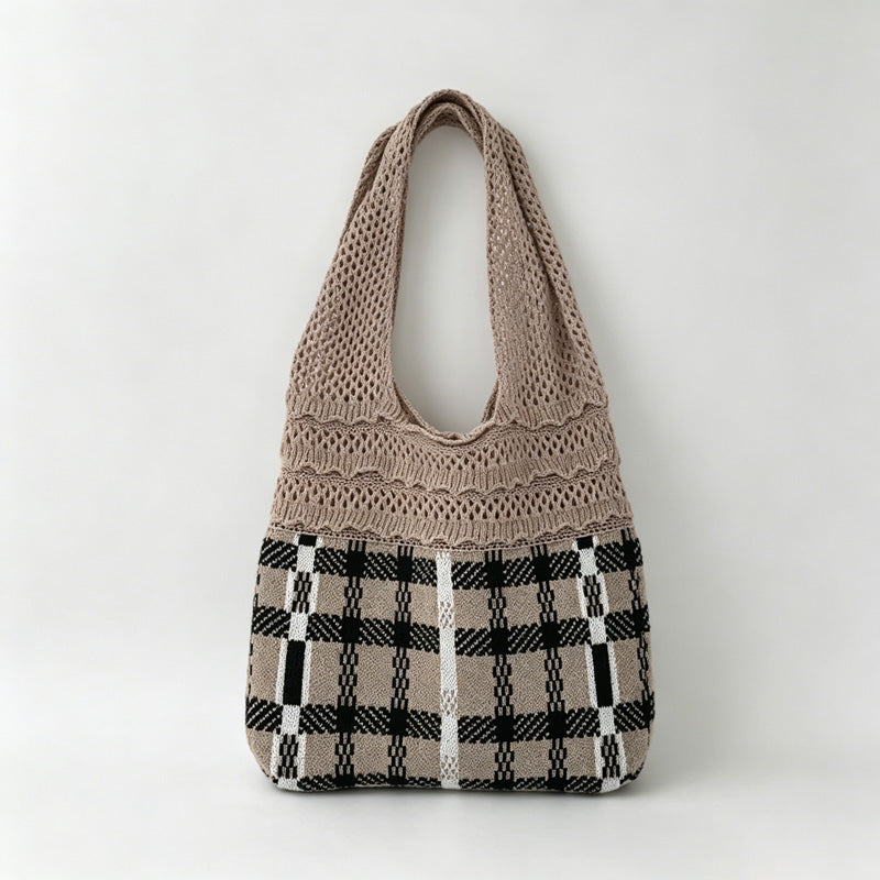 Plaid Panel Knit Tote Bag