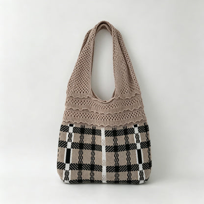 Plaid Panel Knit Tote Bag