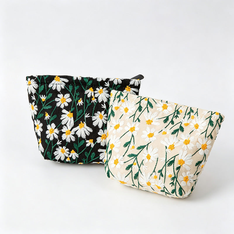 Daisy Floral Embroidery Cosmetic Pouch