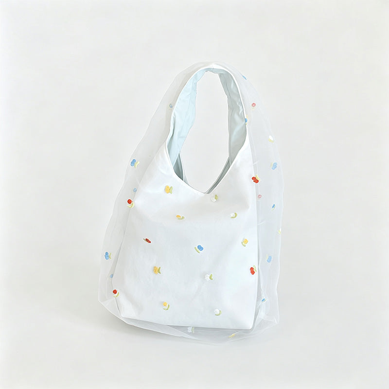 Double Layer Mesh Cherry Embellished Handle Bag