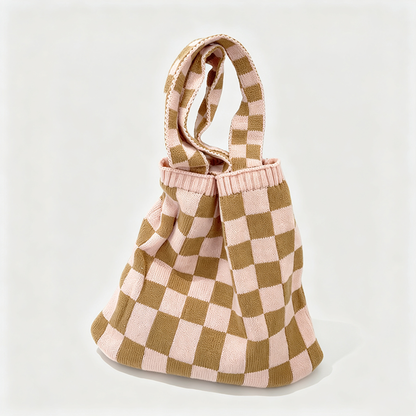 Checkered Knit Tote Shoulder Bag