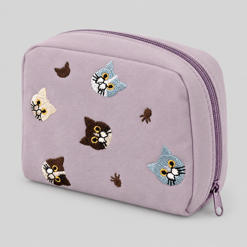 Cat Embroidered Zipper Makeup Storage