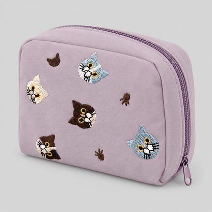 Cat Embroidered Zipper Makeup Storage