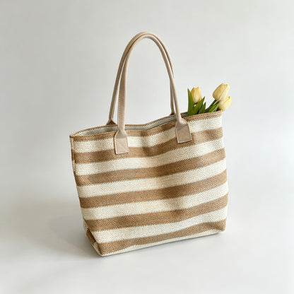 Striped Woven Straw Tote Bag