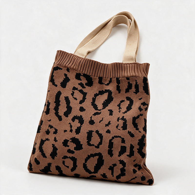 Leopard Print Knit Shoulder Tote Bag