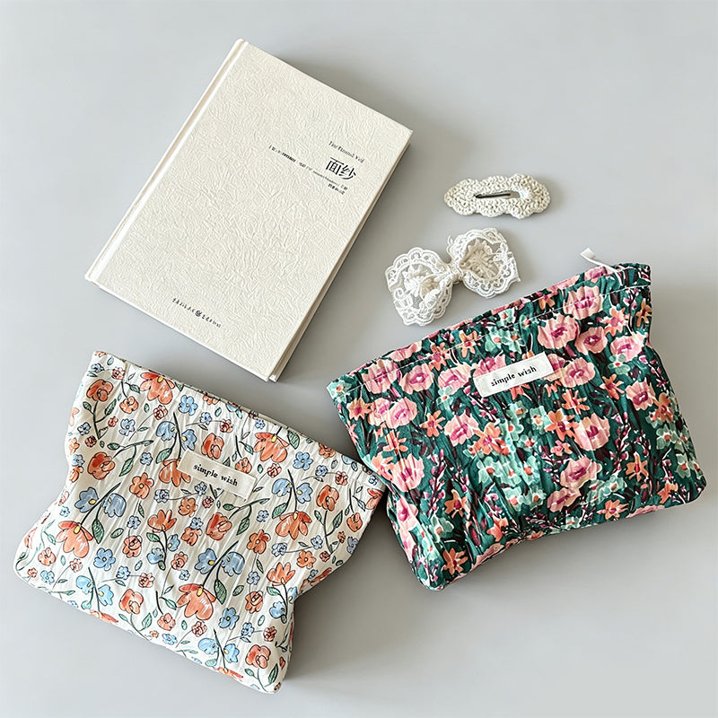 Natural Crinkle Embossed Floral Cotton Makeup Pouch