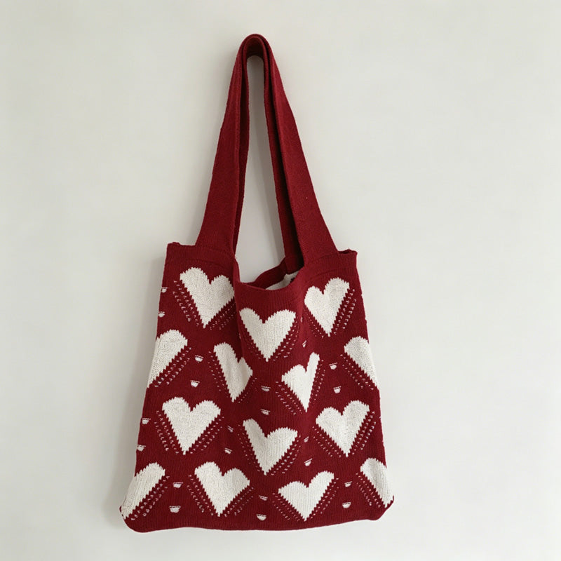 Heart Pattern Knit Tote Bag