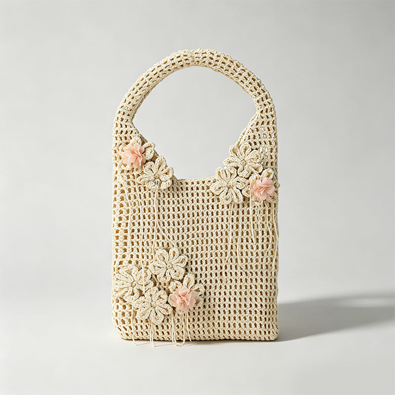 Vintage Pastoral Hand Crochet Floral Knit Tote Bag