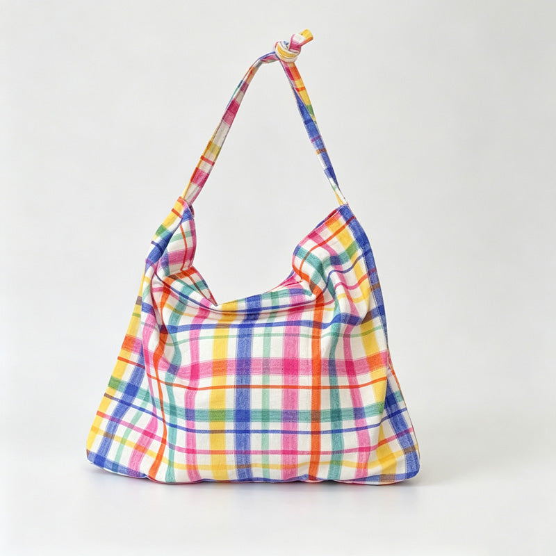 Rainbow Plaid Open‑Top Shoulder Bag