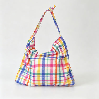 Rainbow Plaid Open‑Top Shoulder Bag