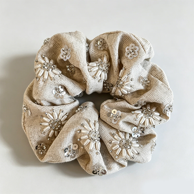 Natural Beaded Sequin Oversized Scrunchie