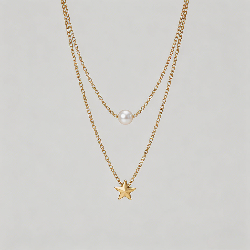 Double Layer Star & Pearl Pend - Shopdayla Wholesale - #9602