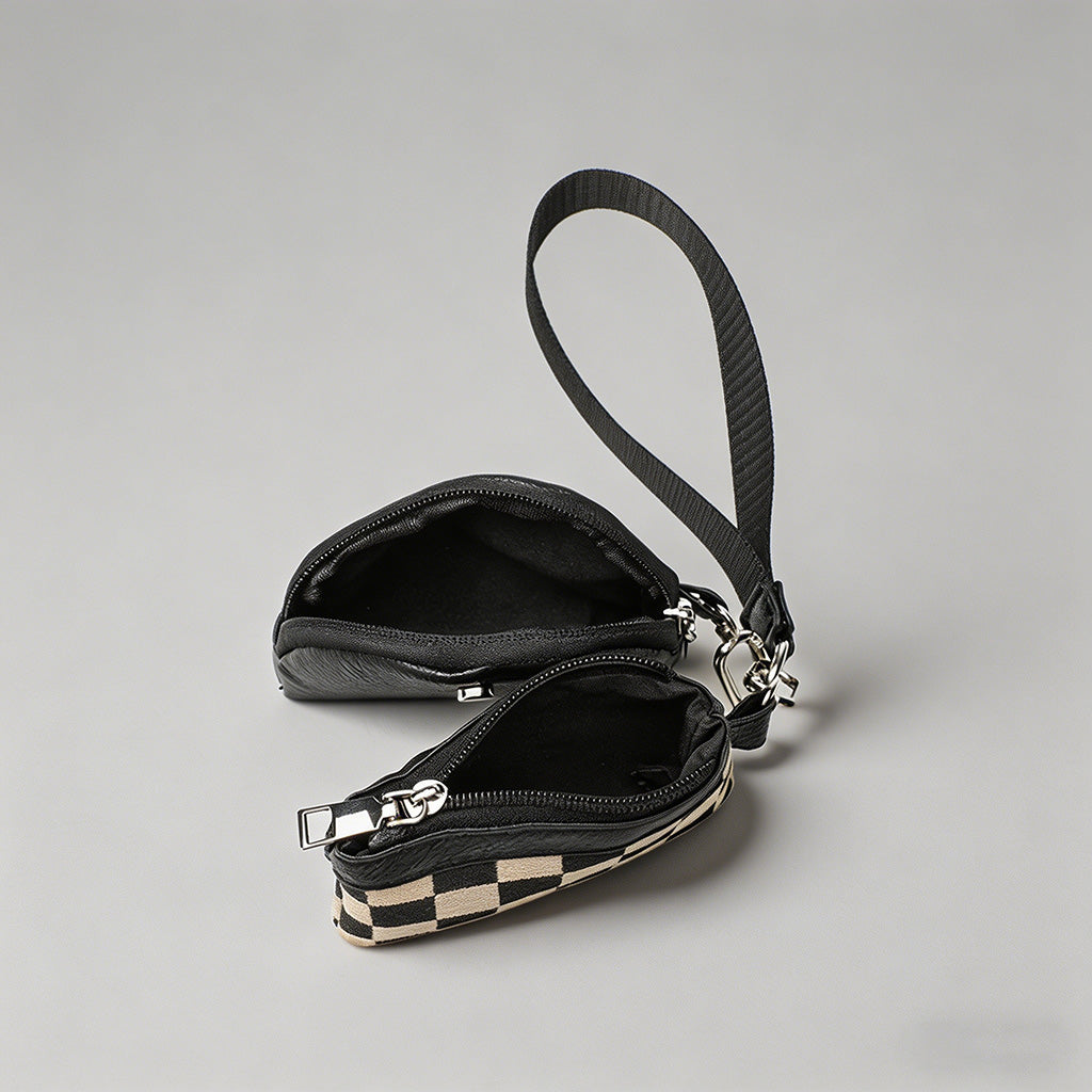 Checkered & Leather Wristlet Bag Set