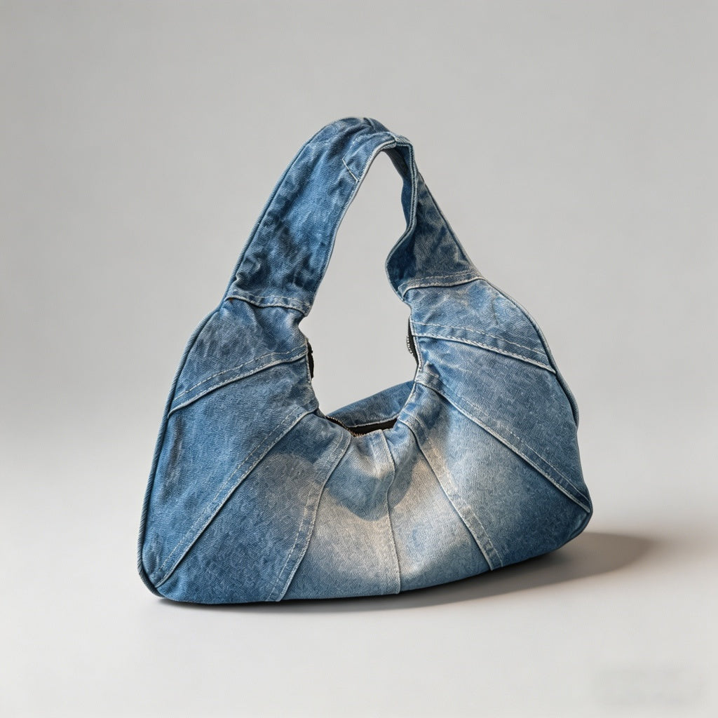 Washed Denim Ruched Hobo Tote Bag