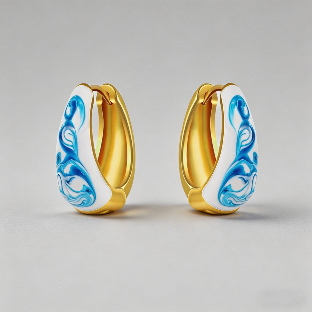 Blue Marbled Enamel 18K Gold Plated Brass Hoop Earrings