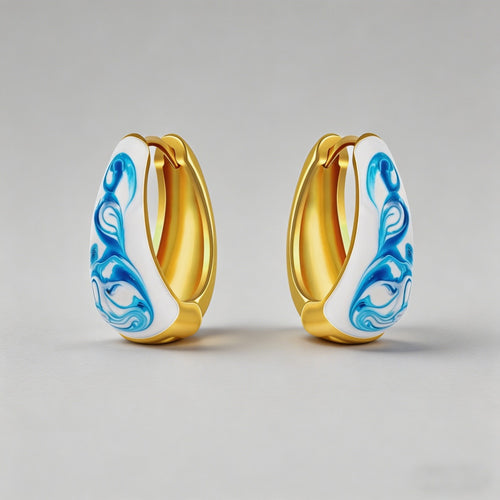 Blue Marbled Enamel 18K Gold P - Shopdayla Wholesale - #3570