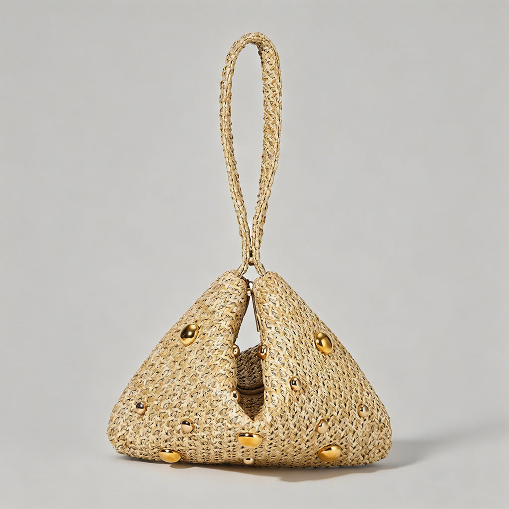 Vintage Studded Straw Triangle Bag