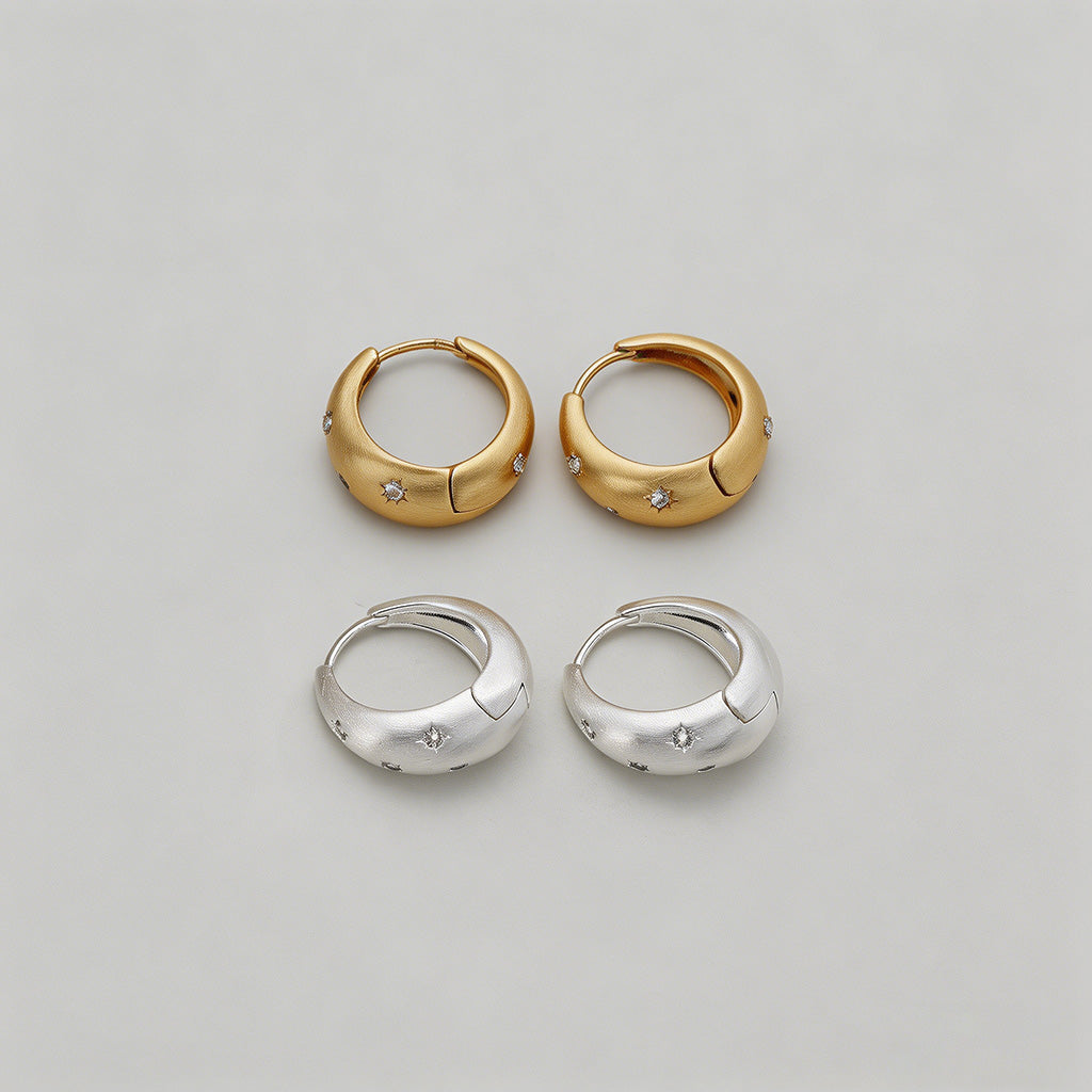 Brushed Starburst CZ Dome Hoop Earrings