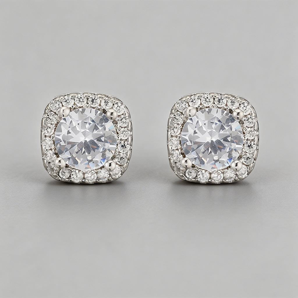 Halo Cushion Cut CZ Stud Earri - Shopdayla Wholesale - #4338