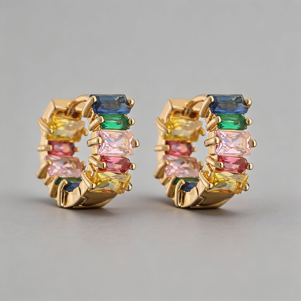 Rainbow Baguette CZ Huggie Hoo - Shopdayla Wholesale - #1234