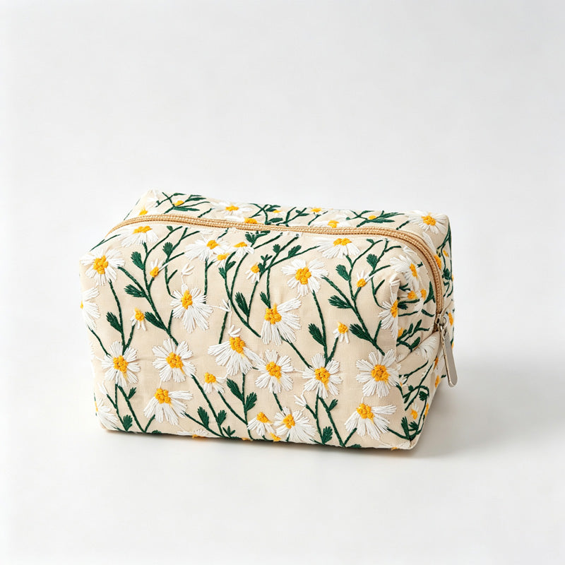 Daisy Floral Embroidery Square Cosmetic Bag