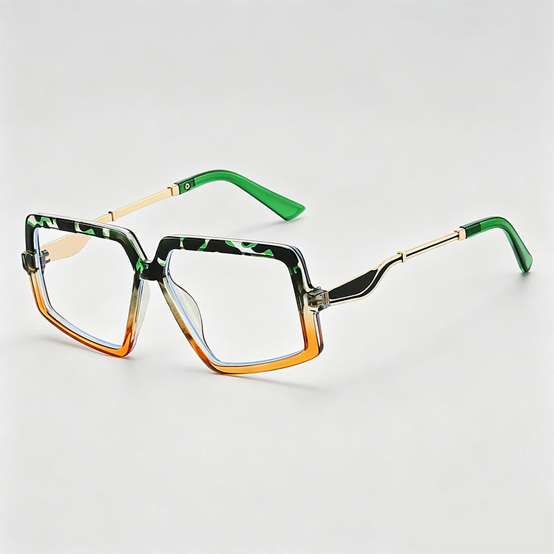 Large Square Irregular Two-tone Metal Temple Fashion Glasses