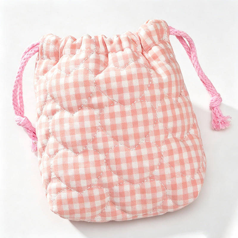 Quilted Gingham Drawstring Storage Pouch