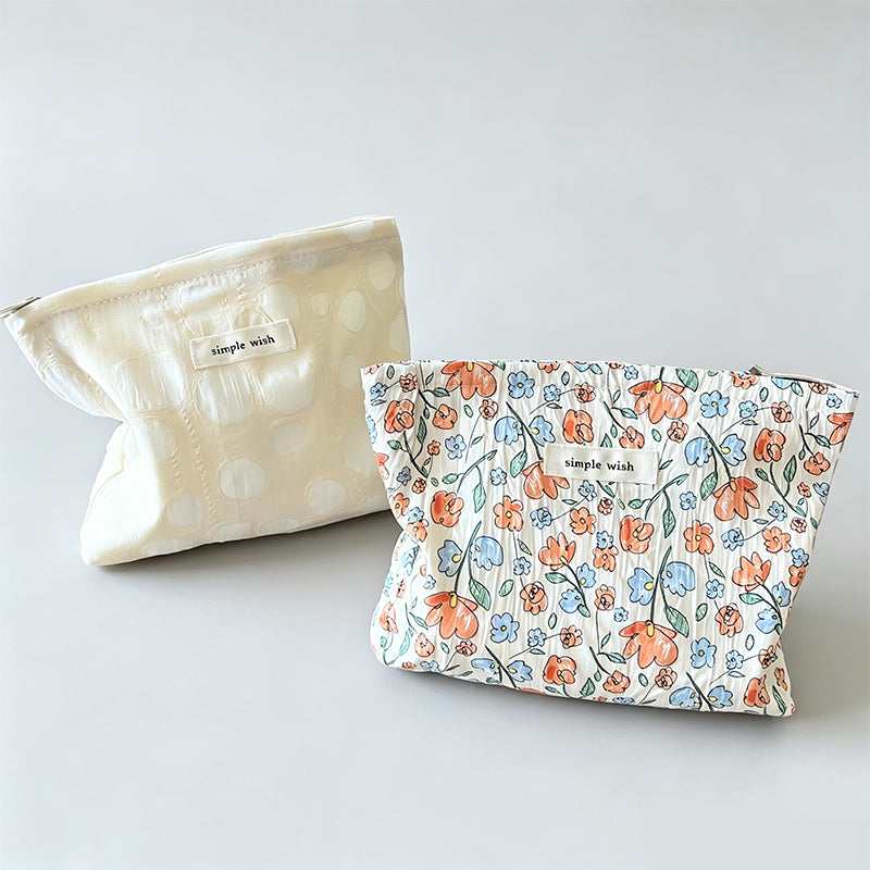 Natural Crinkle Embossed Floral Cotton Makeup Pouch