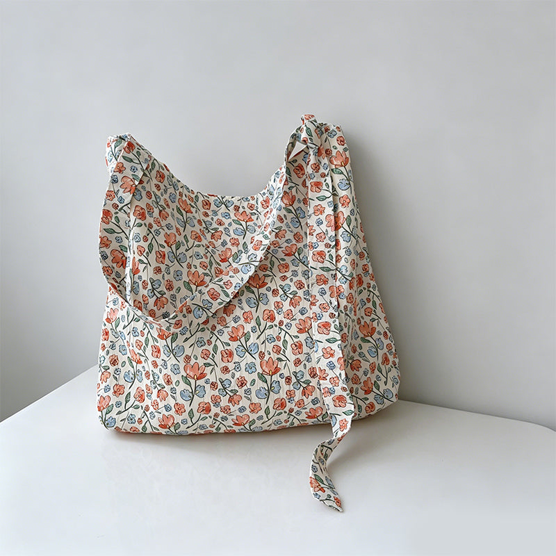 Natural Crinkle Printed Cotton Tote Crossbody Bag