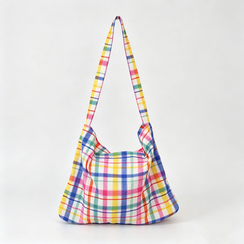 Rainbow Plaid Open‑Top Shoulder Bag