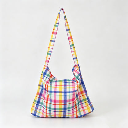 Rainbow Plaid Open‑Top Shoulder Bag