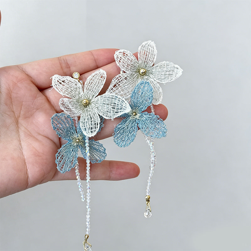 Boho Artistic Embroidery Tassel Crystal Copper Earrings